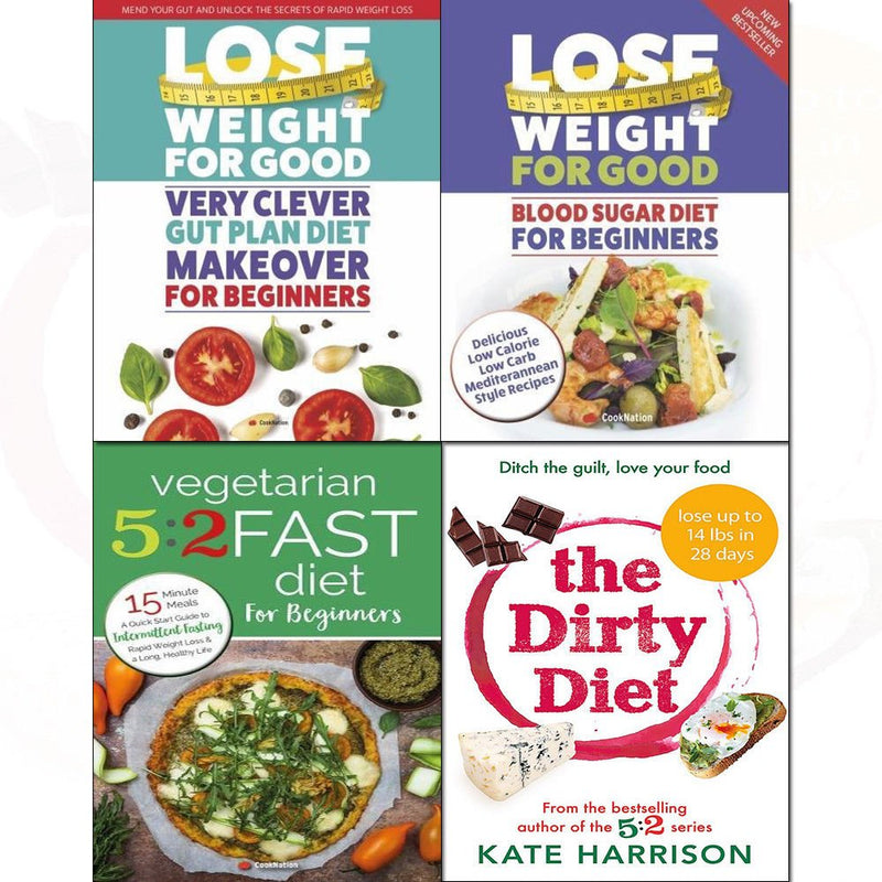 Set of four paperback diet books by Kate Harrison and Iota, covering blood sugar control, vegetarian fasting, and gut health.