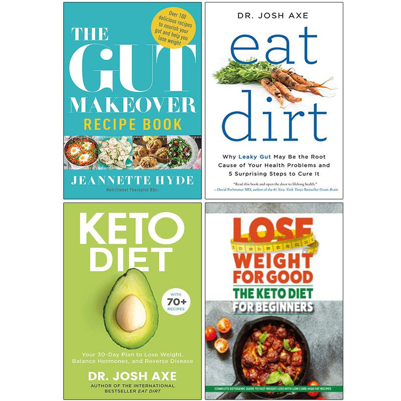 Collection of four paperback non-fiction books on gut health, keto diet, and nutrition by Jeannette Hyde and Dr. Josh Axe.