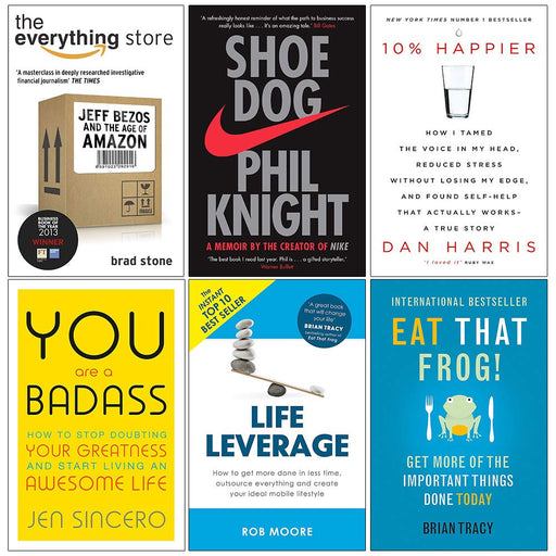 The Everything Store, Shoe Dog, 10% Happier, You Are a Badass, Life Leverage, Eat That Frog 6 Books Collection Set - The Book Bundle