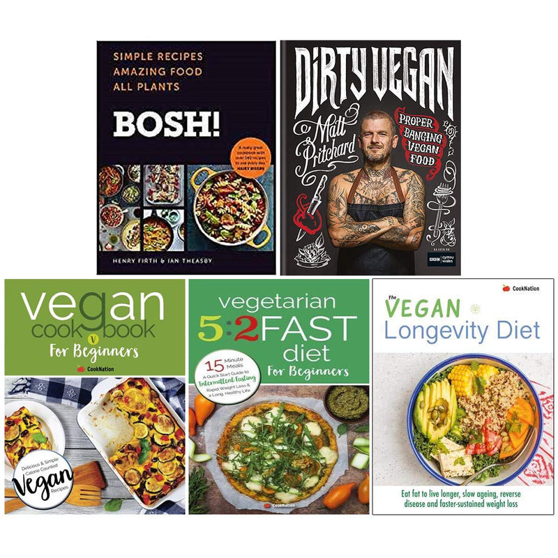 Set of five vegan and vegetarian cookbooks by Bosh, featuring healthy recipes, in mixed formats from Iota Publishing and Coronet.