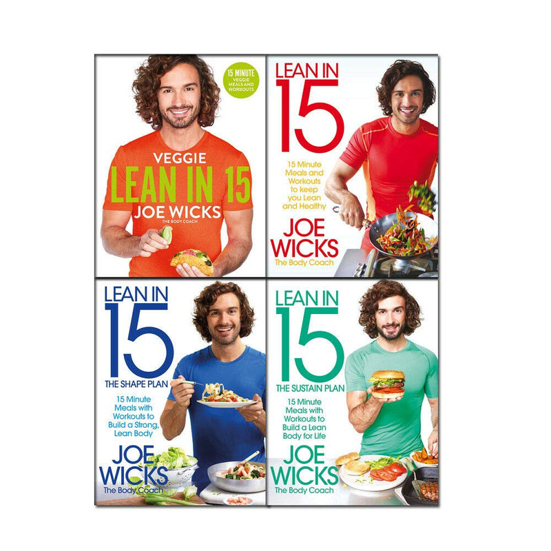 Set of four Joe Wicks Lean in 15 paperback books including Veggie Meals, Sustain Plan, and Shape Plan with blue covers.