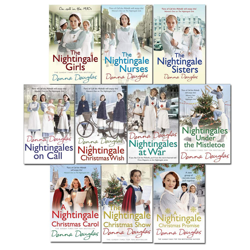 Set of ten Nightingales Series paperback books by Donna Douglas, featuring colorful covers and fiction titles.