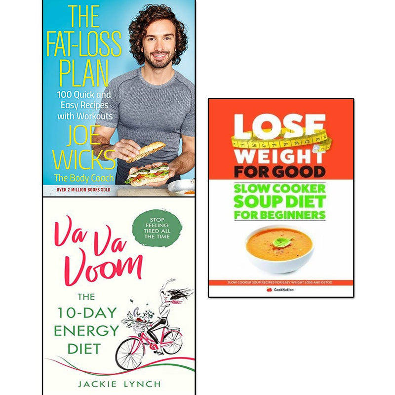 Set of three paperback books on fat-loss, soup diet, and healthy eating by Joe Wicks and Jackie Lynch, with blue covers and title pages.