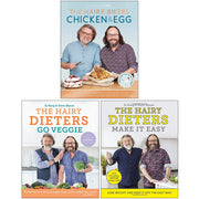 Set of three Hairy Bikers cookbooks including Chicken & Egg, Go Veggie, and Make It Easy, featuring colorful covers and recipe pages.