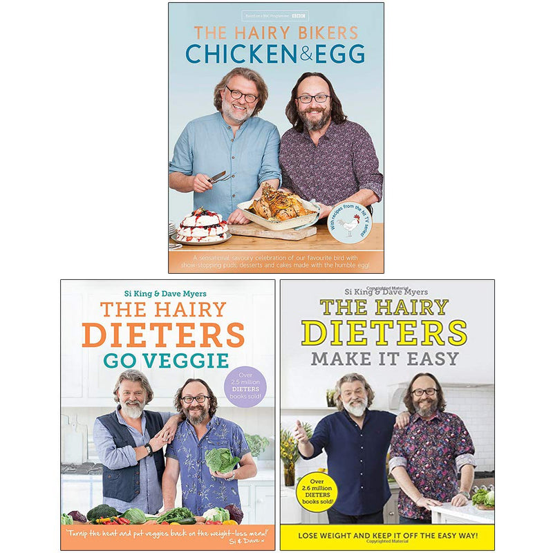 Set of three Hairy Bikers cookbooks including Chicken & Egg, Go Veggie, and Make It Easy, featuring colorful covers and recipe pages.