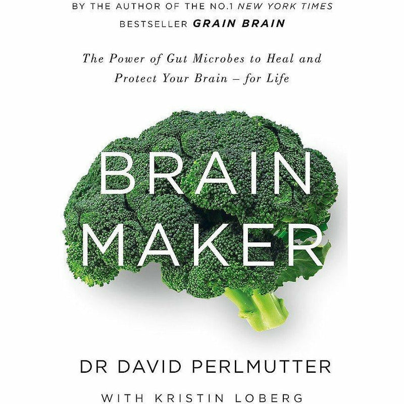 Set of three paperback books by David Perlmutter, including Brain Maker, The XX Brain, and The Brain: The Story of You, on yellow covers.