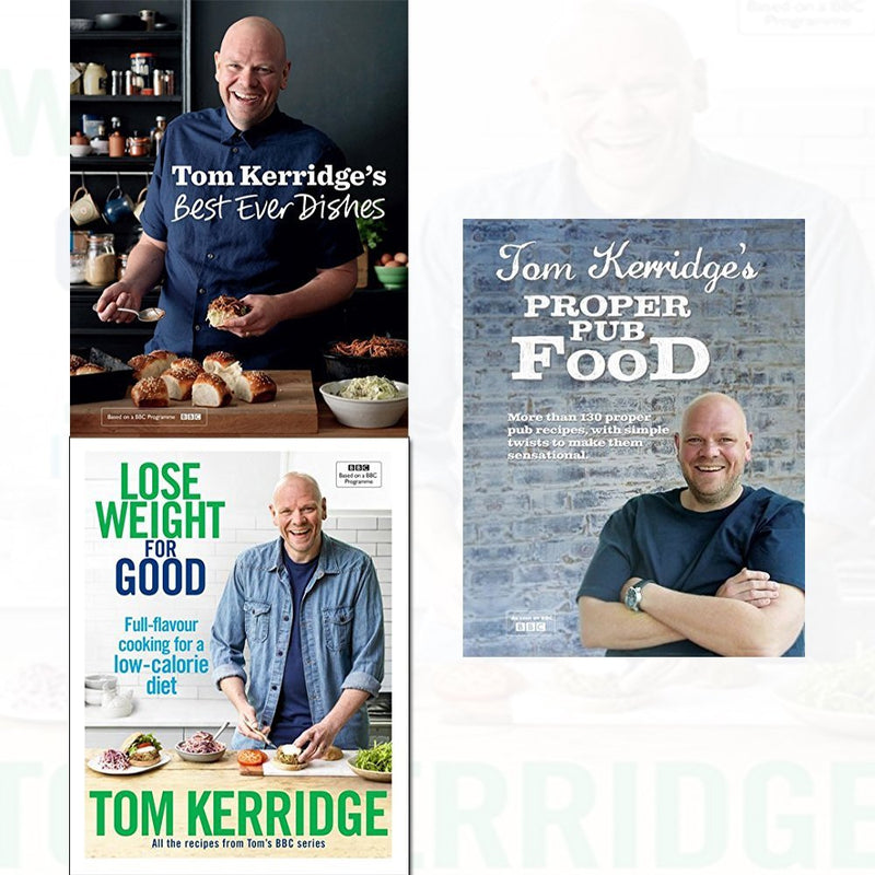 Set of three hardcover cookbooks by Tom Kerridge featuring weight loss tips and pub food recipes, with vibrant cover images.
