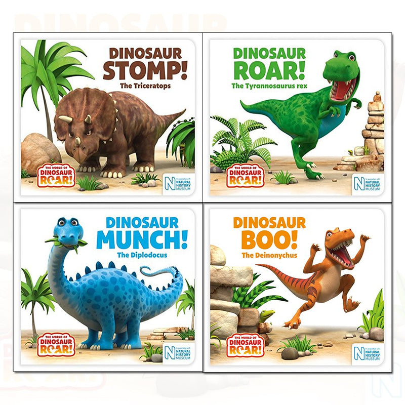 Dinosaur Roar 4 books collection set by Peter Curtis, featuring colorful dinosaur illustrations on board books for children.
