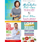 Set of four paperback books on fat-loss and metabolic dieting by Joe Wicks, Jacqueline Whitehart, and Dr. Xand van Tulleken, with blue covers.