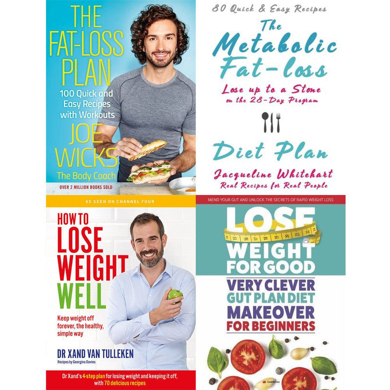 Set of four paperback books on fat-loss and metabolic dieting by Joe Wicks, Jacqueline Whitehart, and Dr. Xand van Tulleken, with blue covers.
