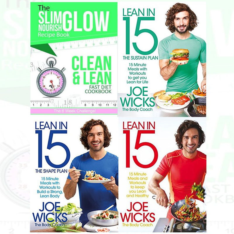 Bluebird paperback cookbook set by Joe Wicks featuring The Slim Glow Nourish Clean & Lean Fast diet recipes, four-book collection.