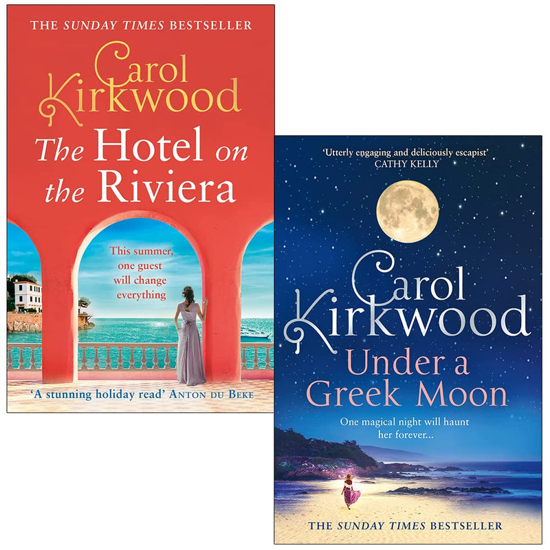 Carol Kirkwood Collection 2 books set featuring "The Hotel on the Riviera" and "Under A Greek Moon," HarperCollins fiction novels.
