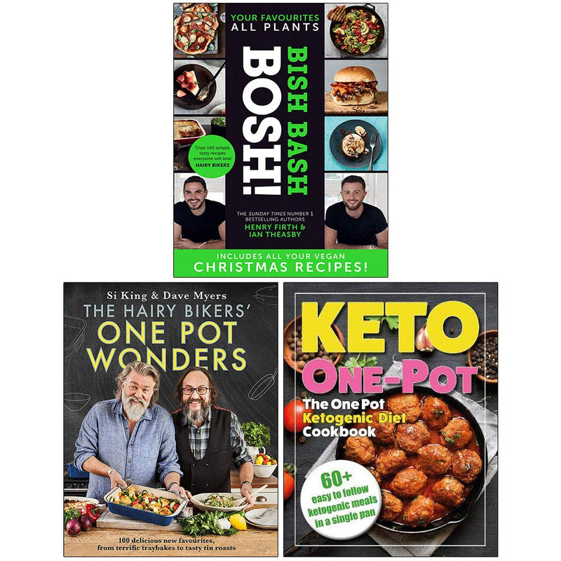Set of three cookbooks from The Hairy Bikers, including Bish Bash Bosh! and One Pot Wonders, featuring recipes and cooking tips.