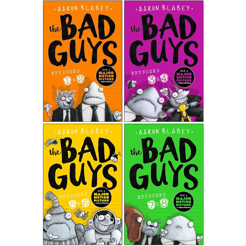 Set of four "The Bad Guys" books by Aaron Blabey, featuring colorful covers from the Scholastic collection.