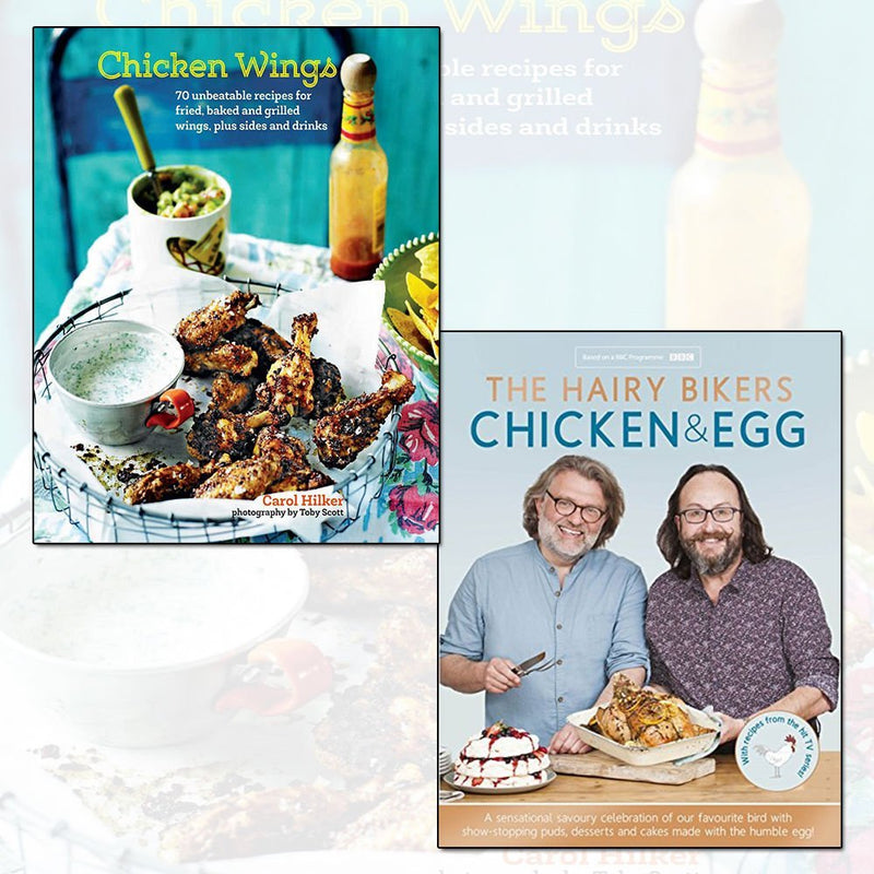 Hardcover collection of Chicken Wings & The Hairy Bikers' Chicken & Egg cookbooks by Carol Hilker and Hairy Bikers, featuring recipe pages.