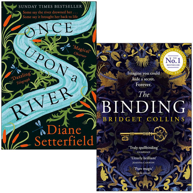 Black Swan and The Borough Press paperback book set featuring "Once Upon a River" by Diane Setterfield and "The Binding" by Bridget Collins.
