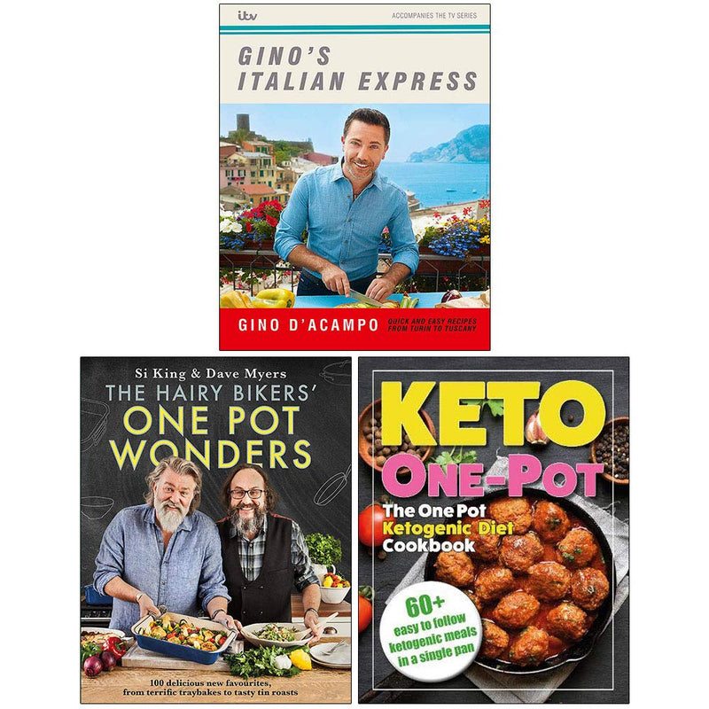 Set of three cookbooks by Gino D'Acampo, Hairy Bikers, and Iota, featuring Italian recipes and one-pot meal ideas.