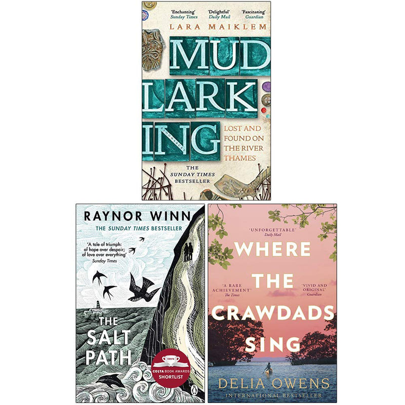 Set of three paperback fiction books including Mudlarking, The Salt Path, and Where the Crawdads Sing by Lara Maiklem and others.