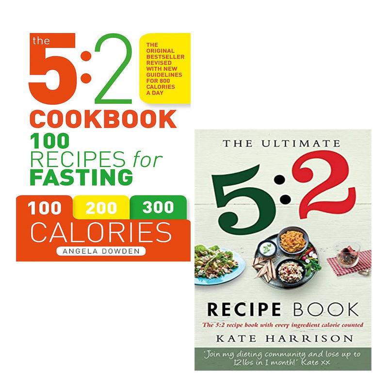 Two paperback books titled "The 5:2 Cookbook" and "The Ultimate 5:2 Diet Recipe Book" by Angela Dowden, featuring colorful food images.
