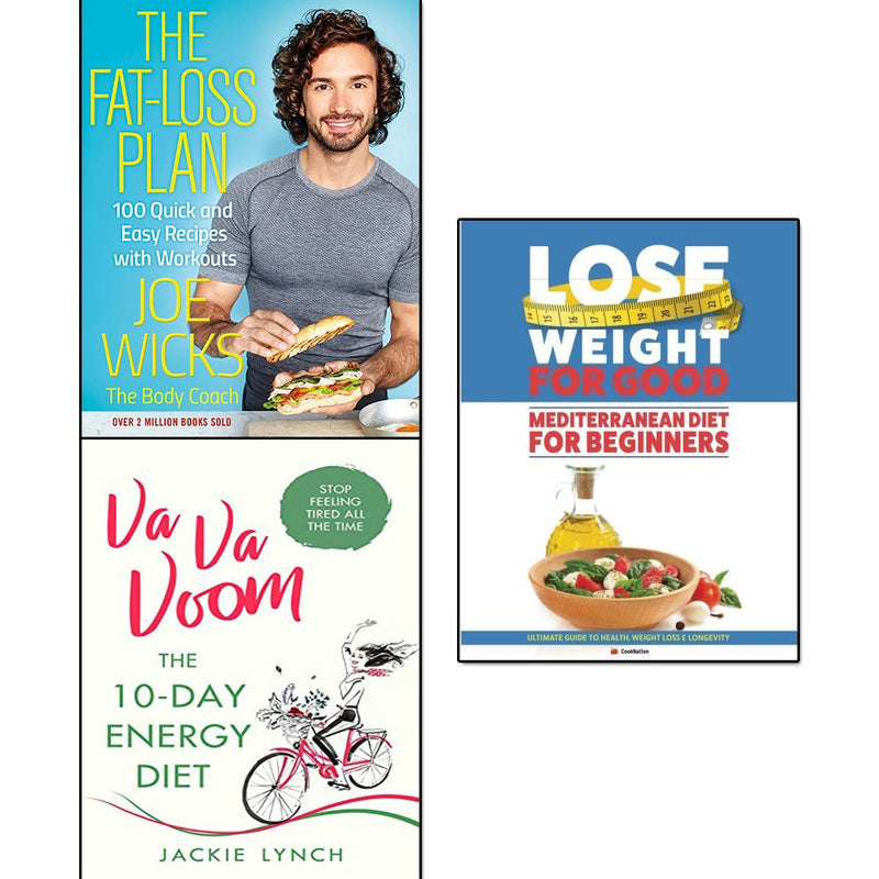 Set of three paperback books on fat loss and Mediterranean diet by Joe Wicks, Jackie Lynch, and Iota Publishing, featuring colorful covers.