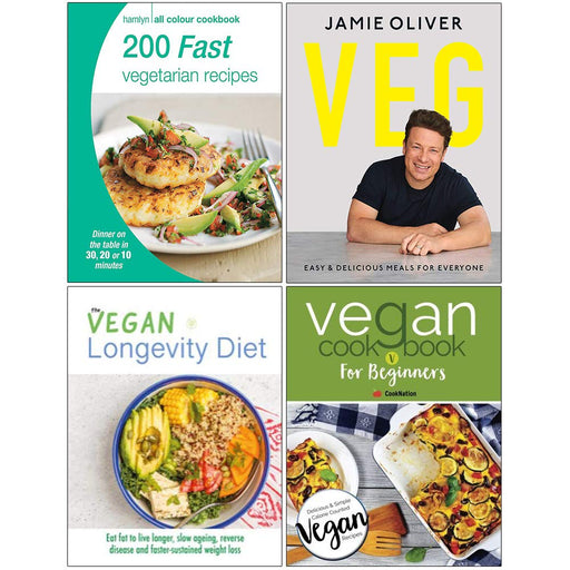 200 Fast Vegetarian Recipes, Veg Jamie Oliver [Hardcover], The Vegan Longevity Diet, Vegan Cookbook For Beginners 4 Books Collection Set Paperback - The Book Bundle