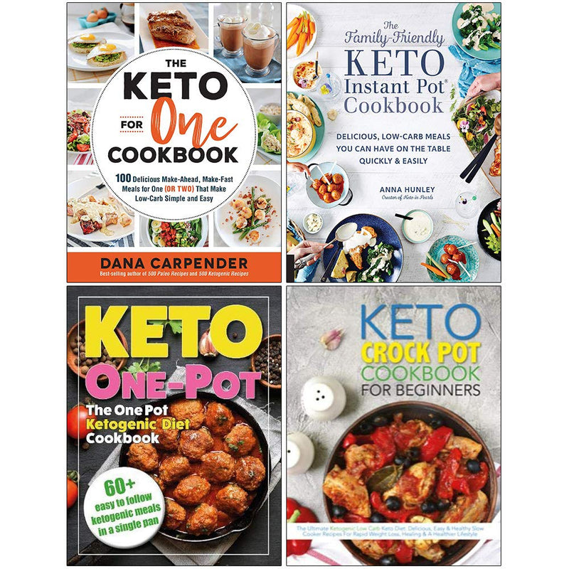 Set of four paperback keto and family-friendly cookbooks by Dana Carpender from Fair Winds Press, featuring one-pot meal recipes.