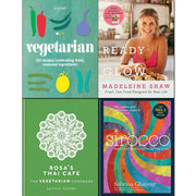 Set of four hardcover cookbooks including Ready Steady Glow, Sirocco, and Rosa's Thai Café by Sabrina Ghayour, featuring vegetarian recipes.