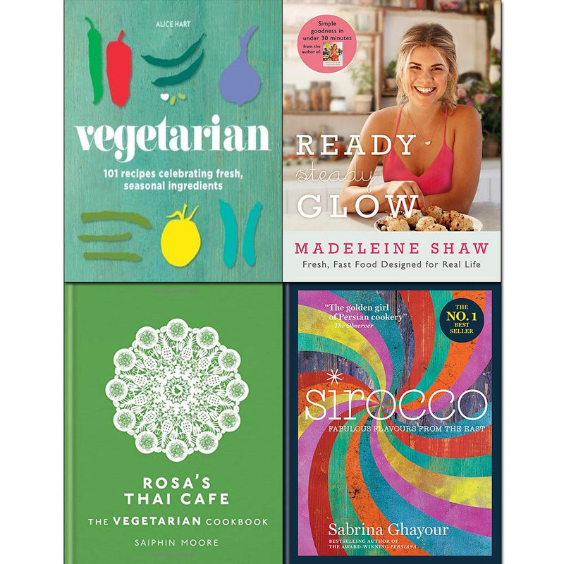 Set of four hardcover cookbooks including Ready Steady Glow, Sirocco, and Rosa's Thai Café by Sabrina Ghayour, featuring vegetarian recipes.