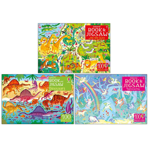 Usborne Book and Jigsaw 100 Pieces 3 Books Collection Set Unicorns, Dinosaursm, At the Zoo - The Book Bundle