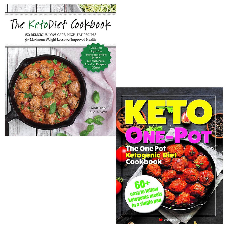 Ketodiet Cookbook and Keto One Pot Diet Collection by Martina Slajerova, two paperback books with colorful covers showing recipes and titles.