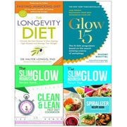 Set of four paperback health books including Longevity Diet, Glow15, Clean & Lean, and Spiralize by Dalila Tarhuni, Naomi Whittel, and Cook Vitality.