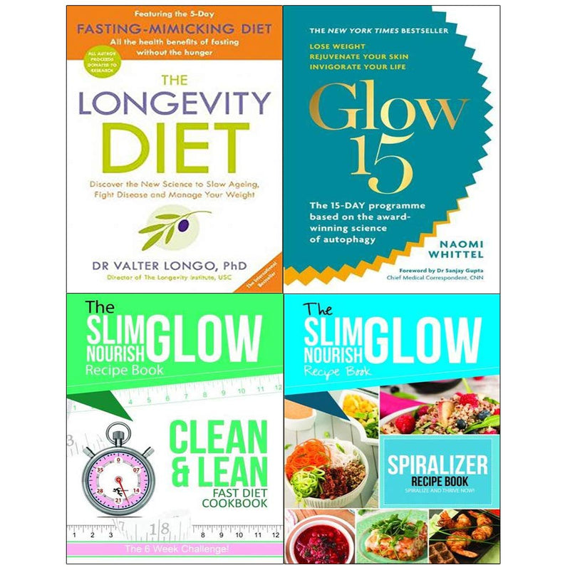 Set of four paperback health books including Longevity Diet, Glow15, Clean & Lean, and Spiralize by Dalila Tarhuni, Naomi Whittel, and Cook Vitality.