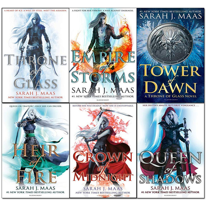 Six-book set of Sarah J. Maas's Throne of Glass series in paperback, featuring fantasy adventure covers from Bloomsbury Children's Books.