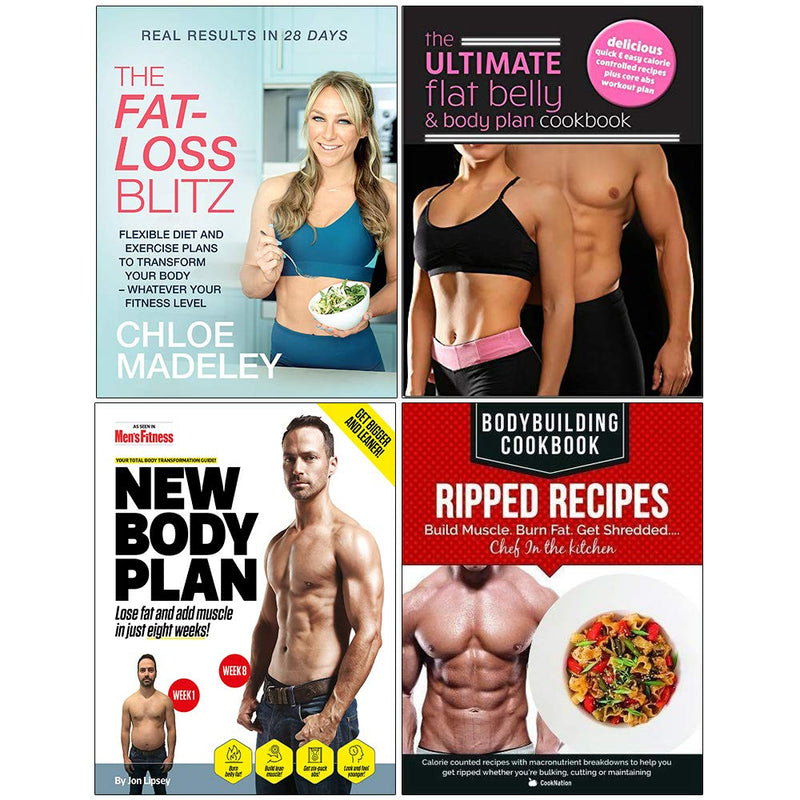 Set of four paperback books on fat loss, body health, and fitness by Chloe Madeley, Iota, and Jon Lipsey, with fitness and health themes.