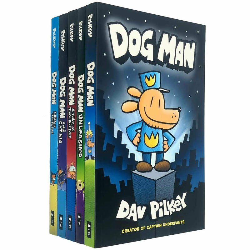 Dog Man 5-book collection set by Dav Pilkey featuring colorful paperback covers of the popular fiction series.