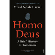 Vintage paperback collection of Yuval Noah Harari's Homo Deus and Sapiens books, featuring colorful cover art and bold titles.