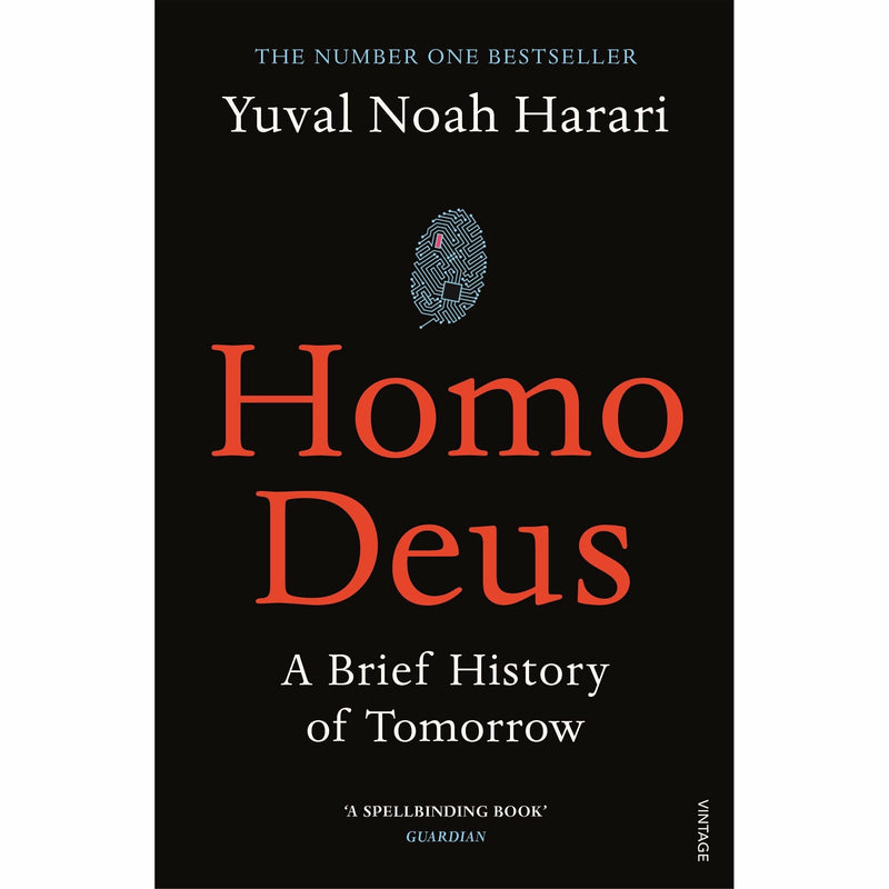 Vintage paperback collection of Yuval Noah Harari's Homo Deus and Sapiens books, featuring colorful cover art and bold titles.