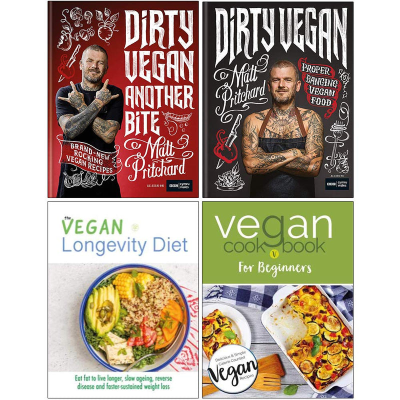 Dirty Vegan Another Bite [Hardcover], Dirty Vegan [Hardcover], The Vegan Longevity Diet, Vegan Cookbook For Beginners 4 Books Collection Set - The Book Bundle