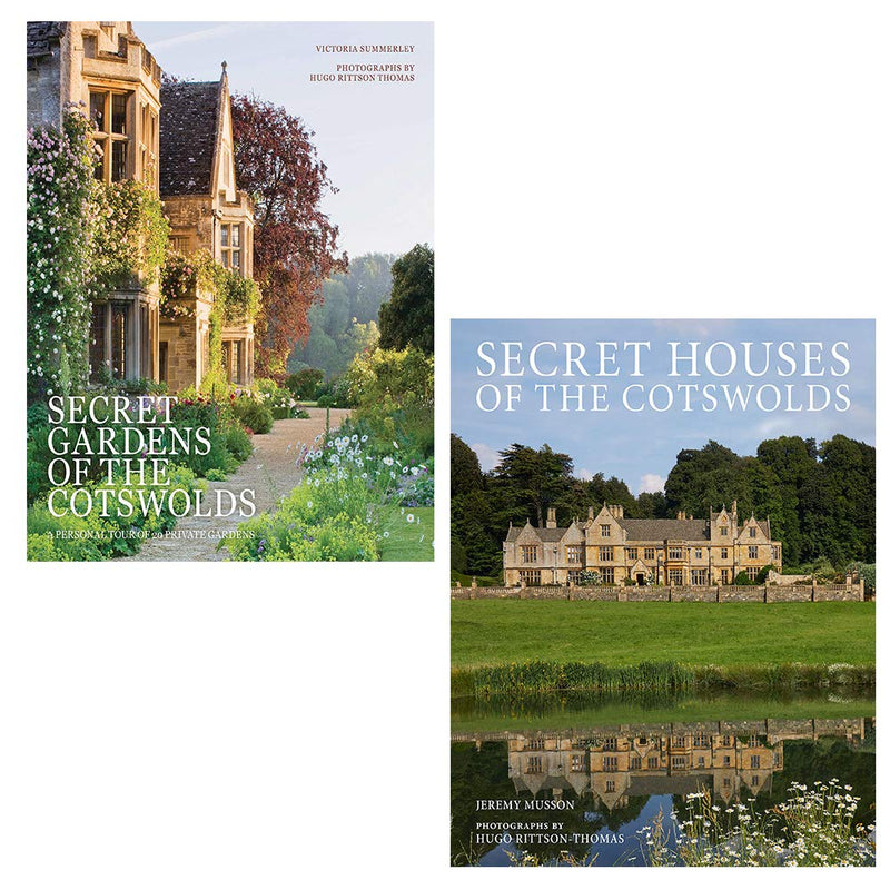 Two hardcover books from the Secret Gardens and Secret Houses of the Cotswolds collection by Jeremy, Barbara, and Victoria Summerley