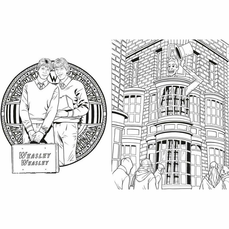 Coloring book cover featuring Harry Potter magical places and characters from Warner Brothers Studio Press, paperback format.