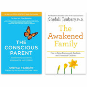 Set of two paperback books, The Conscious Parent and The Awakened Family by Shefali Tsabary, with yellow and white covers, on a plain background.