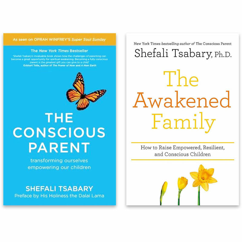 Set of two paperback books, The Conscious Parent and The Awakened Family by Shefali Tsabary, with yellow and white covers, on a plain background.