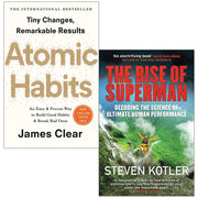 Two hardcover books: "Atomic Habits" by James Clear and "The Rise of Superman" by Steven Kotler from Random House.