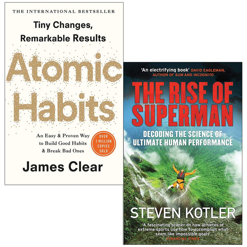 Two hardcover books: "Atomic Habits" by James Clear and "The Rise of Superman" by Steven Kotler from Random House.