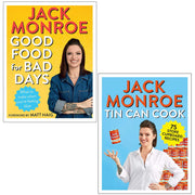 Set of two paperback cookbooks by Jack Monroe, "Good Food for Bad Days" and "Tin Can Cook," featuring bluebird cover illustrations.