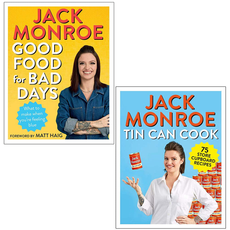 Set of two paperback cookbooks by Jack Monroe, "Good Food for Bad Days" and "Tin Can Cook," featuring bluebird cover illustrations.