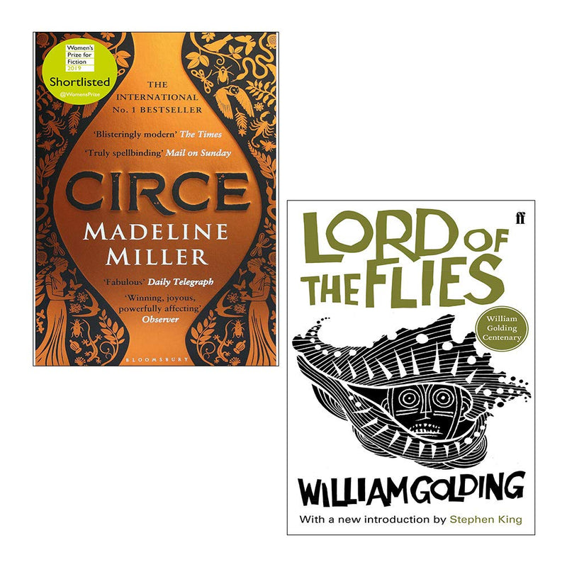 Two paperback books from the Circe and Lord of the Flies collection by Madeline Miller and William Golding, published by Bloomsbury and Faber.