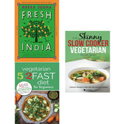 Set of three vegetarian recipe books by Meera Sodha, featuring slow cooker dishes from the Fresh India 5:2 Diet collection.