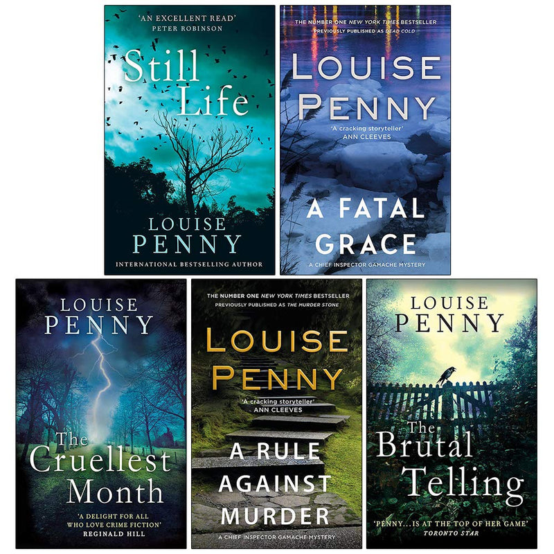 Set of five paperback Chief Inspector Gamache novels by Louise Penny, featuring the Sphere brand, in a compact collection box.