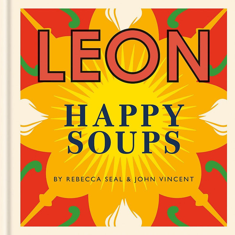 Two hardcover cookbooks from the Leon Happy Curries and Happy Soups collection by Rebecca Seal and John Vincent, displayed on a shelf.